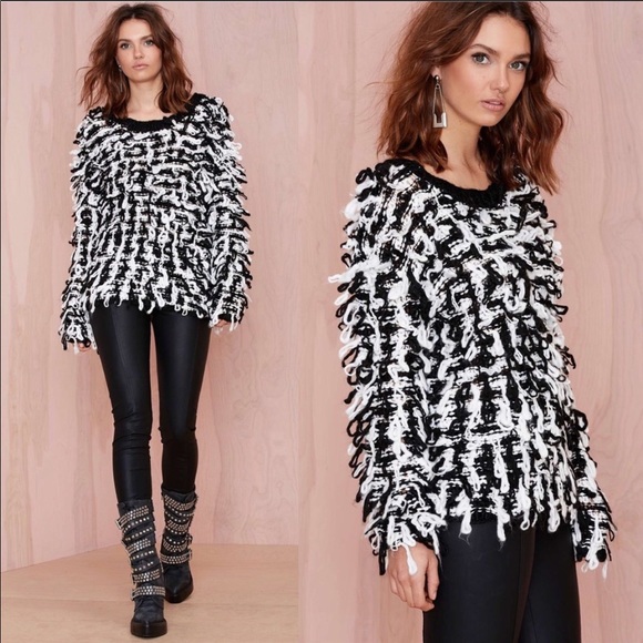 J.O.A. Sweaters - J.O.A. Fringe Pullover Sweater- Black and White